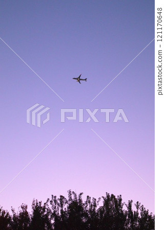 Airplane flying in the twilight sky Airplane flying in the twilight sky 121170648