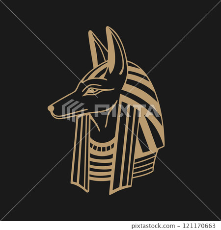 Ancient Egyptian god Anubis. Deity with a dog's head. God of death. Monochrome illustration. 121170663