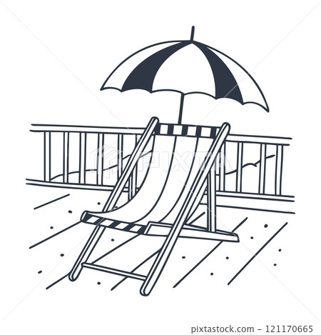 Beach lounger with umbrella on terrace. Summer landscape. Monochrome illustration. Sketch Beach lounger with umbrella on terrace. Summer landscape. Monochrome illustration. Sketch 121170665