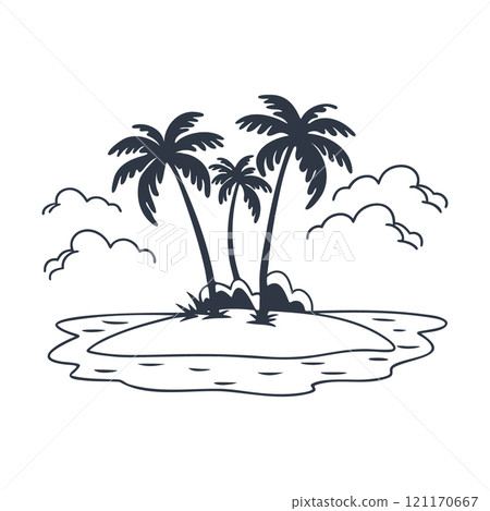 Island with palm trees in the ocean. Summer landscape. Monochrome illustration. Sketch 121170667