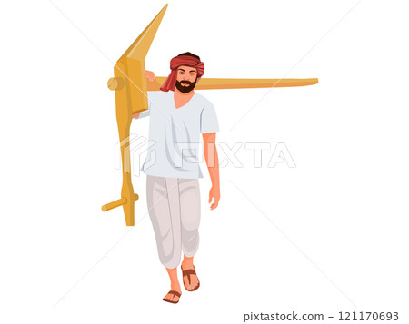 Farmer carrying wood plough, Indian agriculture, happy farmer day 121170693