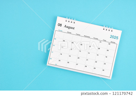 August 2025, Monthly desk calendar for 2025 year on blue background. 121170742