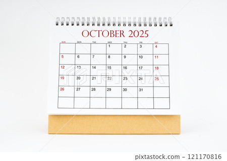 October 2025 desktop calendar isolated on white background, Planing concepts. 121170816