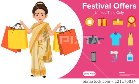 Festive offer Indian woman holding shoping bag, Banner design of limited time only festival offers Festive offer Indian woman holding shoping bag, Banner design of limited time only festival offers 121170834