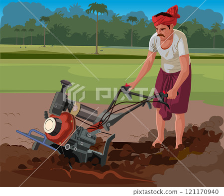 farmer working in field using modern farming 121170940