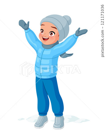 Happy little boy in winter clothes with raised arms playing outside. Hello winter cartoon vector illustration. 121171036
