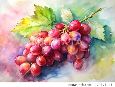 Hand-painted vibrant grapes with realistic green foliage 121171241