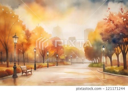 Serene Autumn Afternoon in the City Park with Yellow Foliage 121171244
