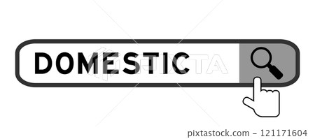 Search banner in word domestic with hand over magnifier icon on white background 121171604