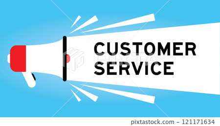 Color megaphone icon with word customer service in white banner on blue background Color megaphone icon with word customer service in white banner on blue background 121171634