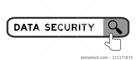 Search banner in word data security with hand over magnifier icon on white background Search banner in word data security with hand over magnifier icon on white background 121171635
