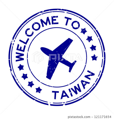 Grunge blue welcome to taiwan with airplane icon round rubber seal stamp on white background 121171654