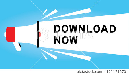 Color megaphone icon with word download now in white banner on blue background Color megaphone icon with word download now in white banner on blue background 121171670
