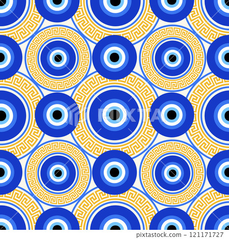 Evil eye seamless pattern. Turkish blue bead with meander. Greek vector magic background with ethnic nazar symbol of protection and luck. Traditional ornament with energy amulet and spiritual talisman 121171727