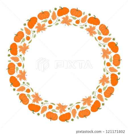 Autumn wreath of orange pumpkins and fall leaves on a white background, ideal for festive designs, invitations, and seasonal decor 121171802