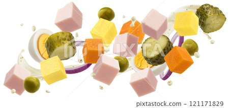 Falling Russian salad ingredients isolated on white background with clipping path, traditional Olivier salad for New Year, package design element 121171829