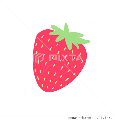 Bright pink strawberry with lush green leaves in a cheerful and playful design, celebrating freshness and sweetness for food, summer, or botanical themes 121171839