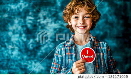 Young boy proudly showing i voted sticker after exercising his right to vote 121171936