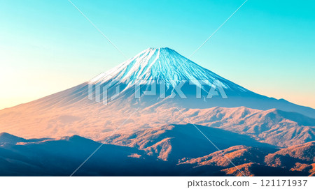 Majestic mount fuji dominating the landscape with its snow capped peak under a clear blue sky 121171937