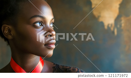 Young black woman wearing red ribbon looking hopeful 121171972