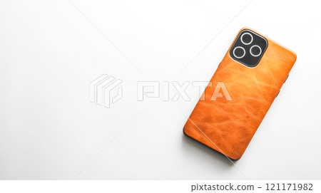 Modern smartphone with leather case lying on white background 121171982