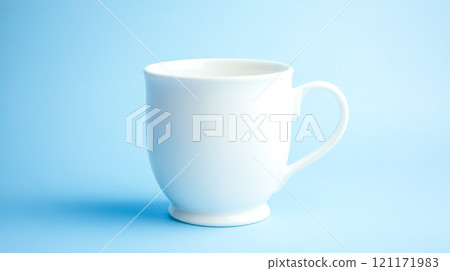 Simple white ceramic mug standing on soft pastel blue background 121171983