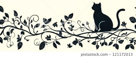 Black cat silhouette sitting on floral branch ornament 121172013