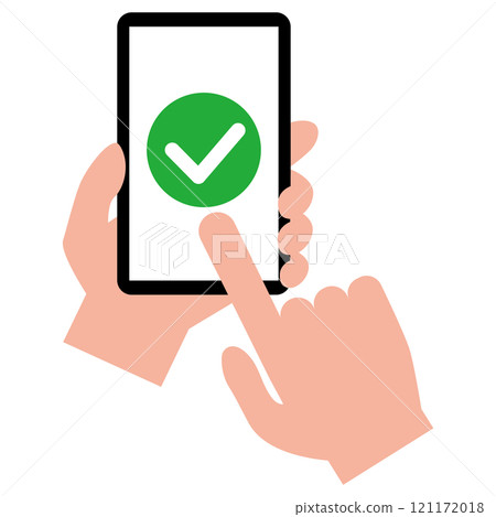 操作帶有白色螢幕的智慧型手機的簡單平面插圖，顯示複選標記，白色背景 121172018