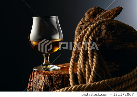 Brandy snifter and rope on a old stumb. Brandy snifter and rope on a old stumb. 121172067
