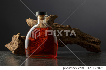 Bottle of brandy and old snag on a black background. 121172075