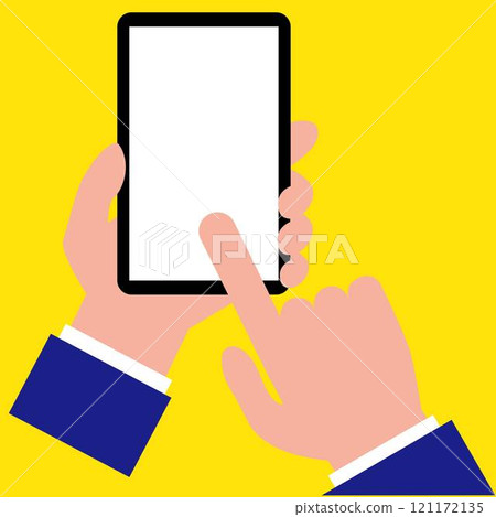 透過觸摸黃色背景來操作帶有白色螢幕的智慧型手機的簡單而平面的插圖 121172135