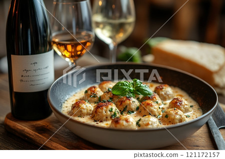 Creamy meatballs in rustic Italian kitchen with wine and bread served for a cozy dinner Creamy meatballs in rustic Italian kitchen with wine and bread served for a cozy dinner 121172157