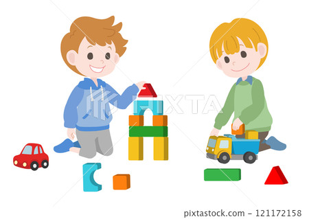Boy playing with building blocks 121172158
