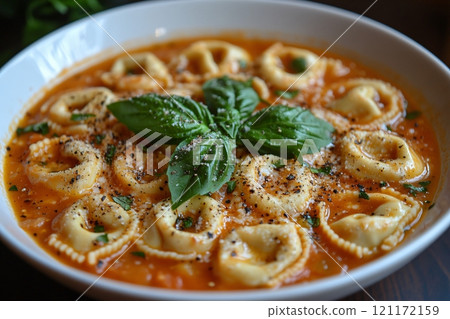 Warm and comforting bowl of tomato soup with tortellini garnished with fresh basil on a cozy table Warm and comforting bowl of tomato soup with tortellini garnished with fresh basil on a cozy table 121172159