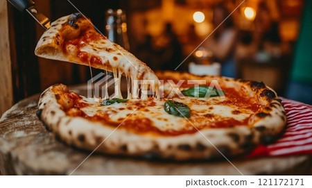 A delicious slice of pizza being served from a wooden board in a cozy restaurant setting 121172171