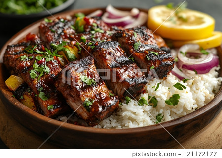 Delicious vegetarian dishes served on a chaotic table with vibrant colors and textures 121172177