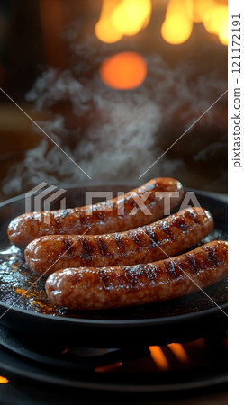 Grilled sausages on a sizzling plate with steam rising in a cozy kitchen setting 121172191