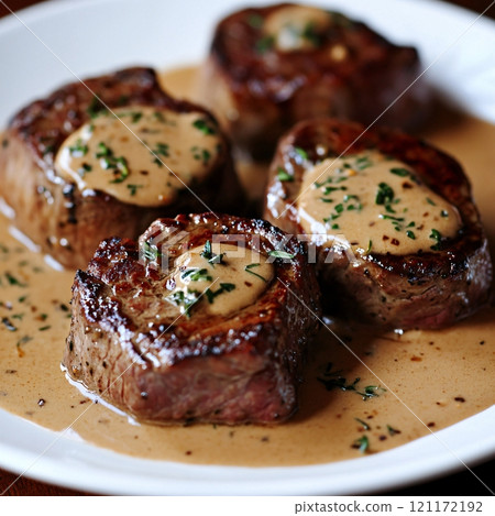 Steak Diane served with creamy cognac sauce on a white plate in an elegant dining setting Steak Diane served with creamy cognac sauce on a white plate in an elegant dining setting 121172192