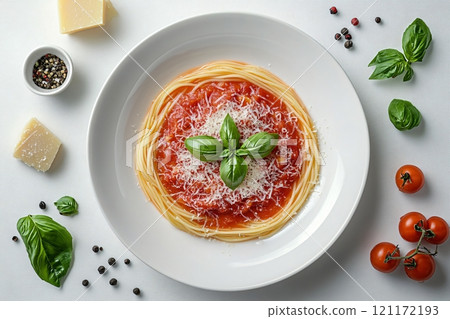 Delicious bowl of Spaghetti Rigati with fresh basil and grated cheese served on a white plate 121172193