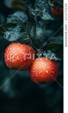 Red apples glistening with water droplets on a branch in a lush orchard after rainfall 121172229