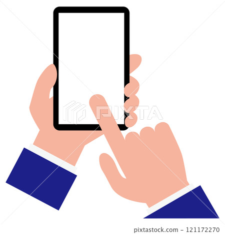 A simple and flat illustration of touching and operating a smartphone with a white screen on a white background 121172270