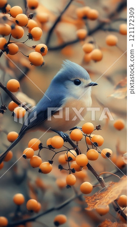 A small and cute bird perched on a branch surrounded by bright orange berries during autumn 121172309