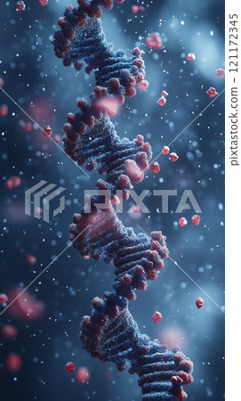 In a captivating display of molecular biology, a strand of DNA is surrounded by numerous cells 121172345