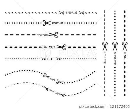 Illustration of scissors and cutting lines, dashed lines, dotted lines Illustration of scissors and cutting lines, dashed lines, dotted lines 121172405