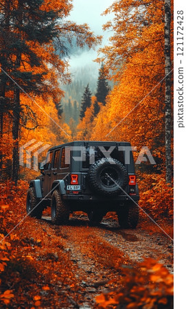 A rugged SUV driving away along a forested road surrounded by vibrant autumn foliage 121172428