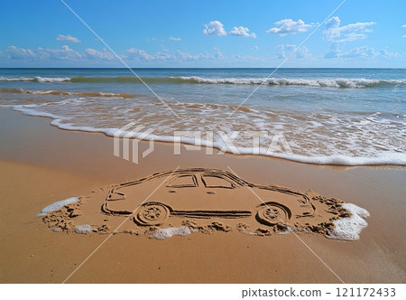 A simple car drawn in the sand at a beach with gentle waves and clear blue skies 121172433