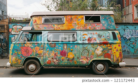 Colorful campervan parked on street in Newtown with vibrant graffiti murals nearby 121172443