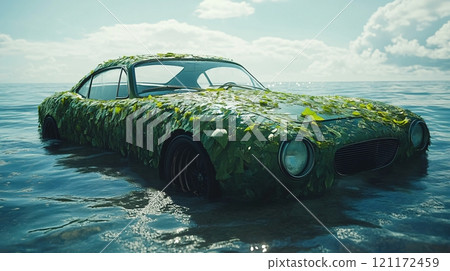 A car covered in green leaves floats on calm water under bright blue skies 121172459