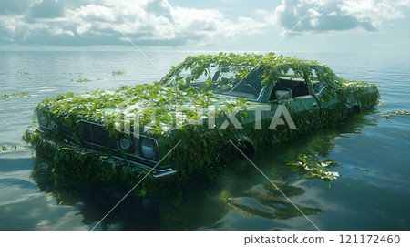 A green car covered in leaves sits in calm water under a sunny sky during a serene day 121172460