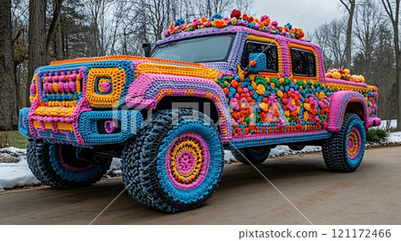 Colorful crocheted pick-up limousine parked on a scenic road surrounded by trees in early spring 121172466